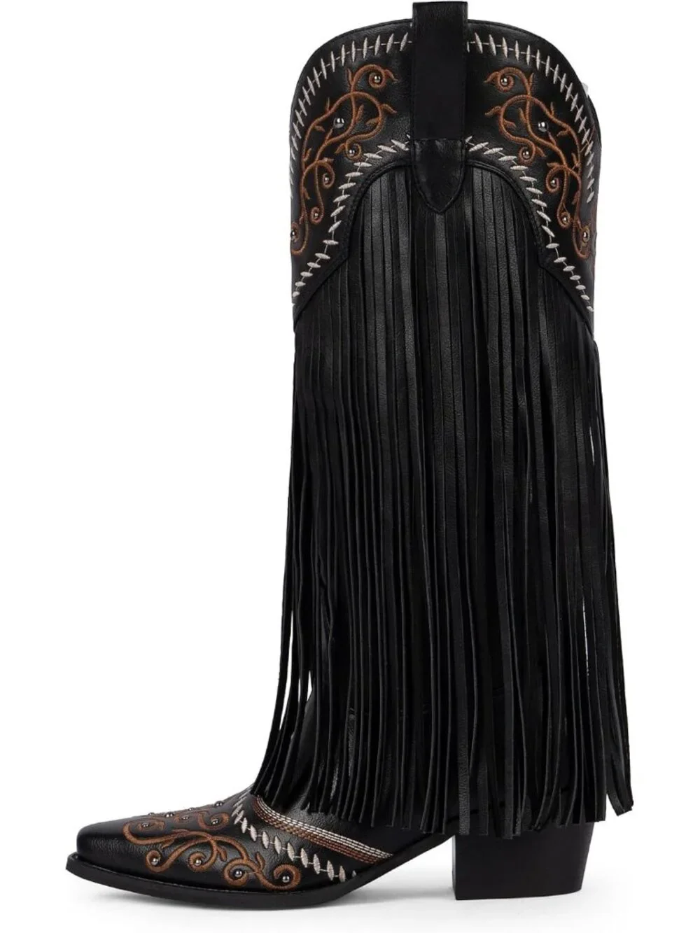 Women's Retro Black Knee High Pointed Toe Fringe Cowboy Mid Block Heel Boots